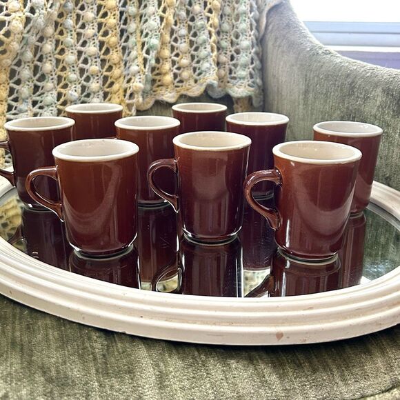 Set Of 9 Vintage REGO Coffee Mugs Brown & White Diner Classic 1½ C - Picture 1 of 9